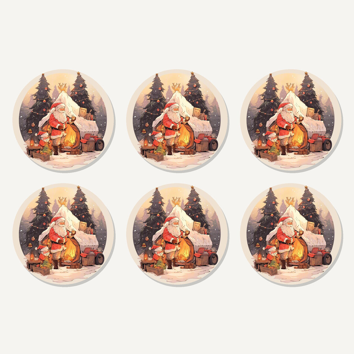 Flat lay of the father christmas by the sleigh artwork on six round coasters