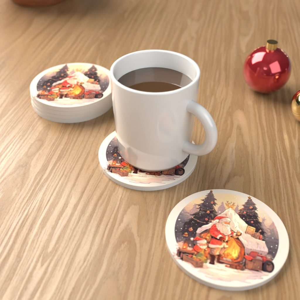 Father Christmas by the Sleigh Round Ceramic Coasters – Set of 6 – lifestyle mockup with a mug of coffee