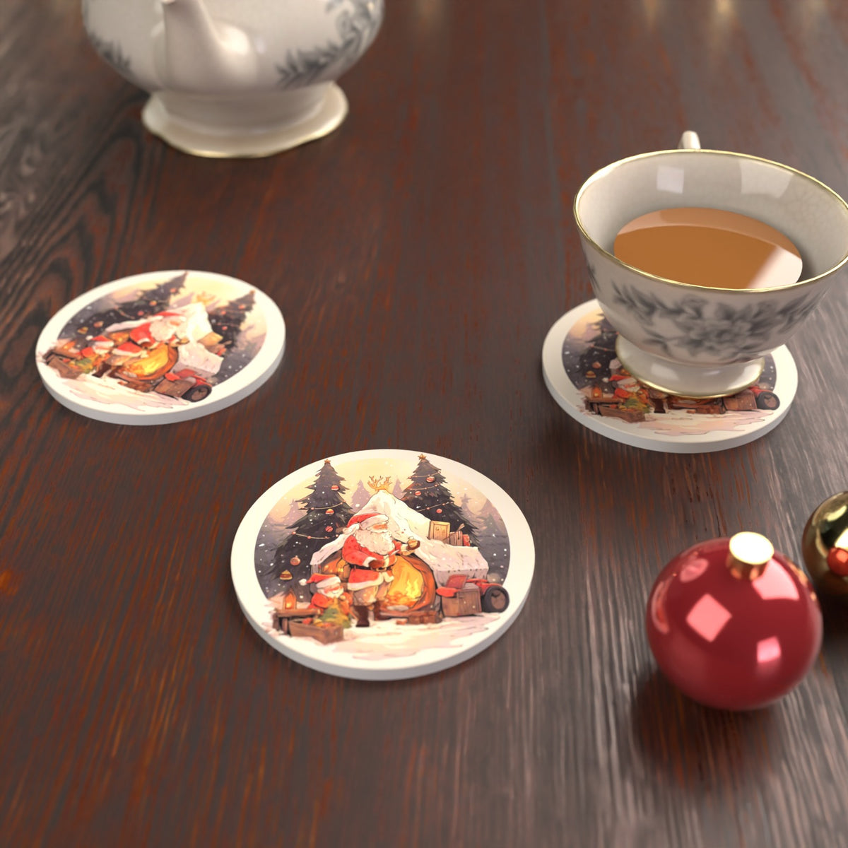 Father Christmas by the Sleigh Round Ceramic Coasters – Set of 6 – lifestyle mockup with a teacup