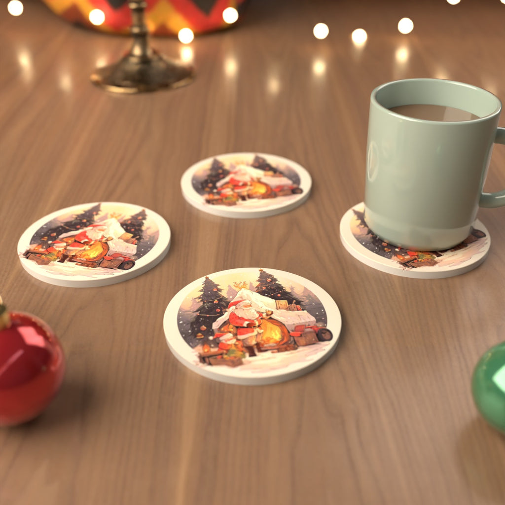 Father Christmas by the Sleigh Round Ceramic Coasters – Set of 6 – cosy lifestyle mockup