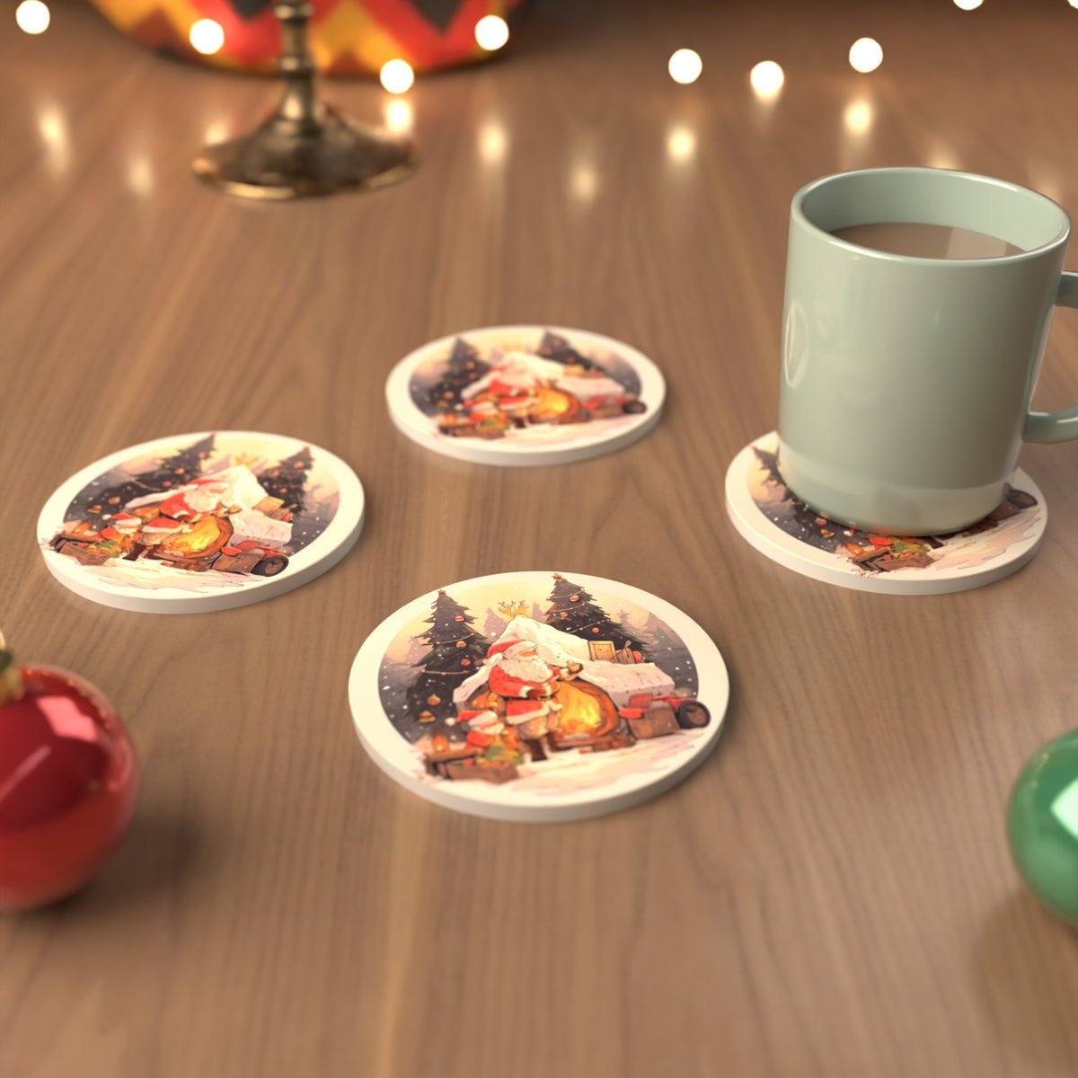Father Christmas by the Sleigh Round Ceramic Coasters – Set of 6 – cosy lifestyle mockup