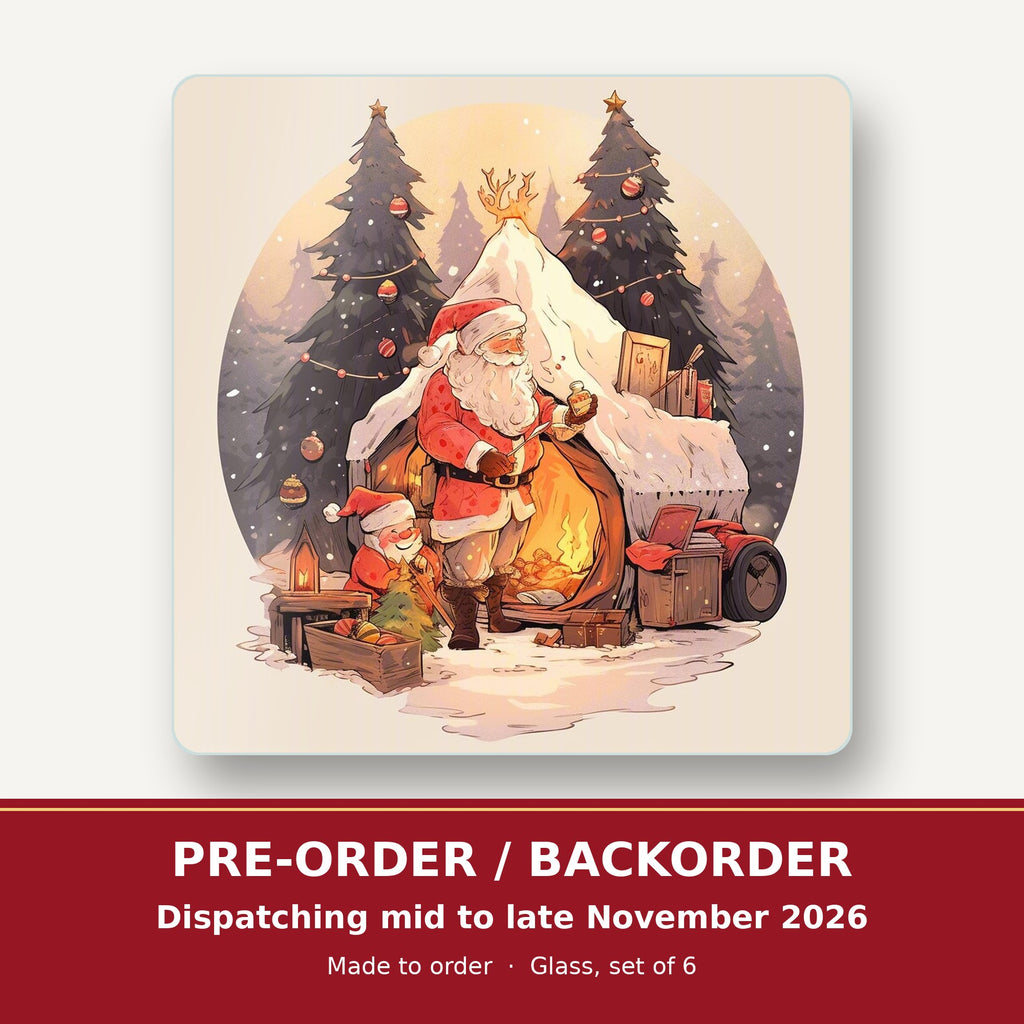 Father Christmas by the Sleigh square glass coaster set of 6 – pre-order / backorder, dispatching mid to late November 2026