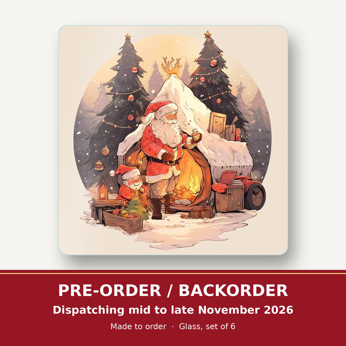 Father Christmas by the Sleigh square glass coaster set of 6 – pre-order / backorder, dispatching mid to late November 2026