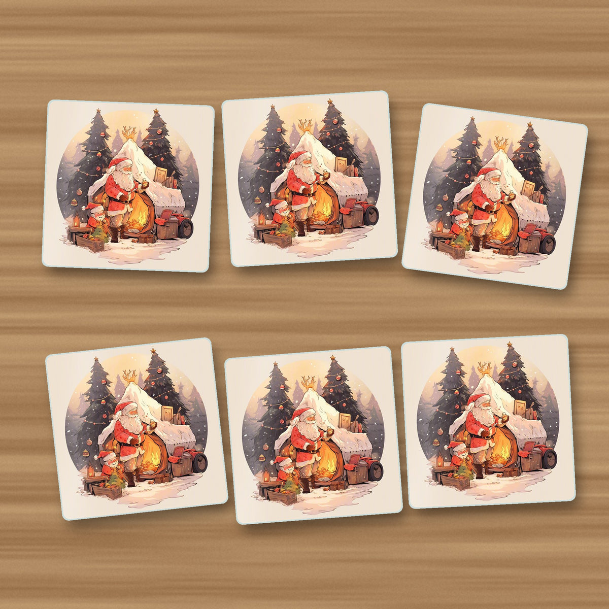 Father Christmas by the Sleigh square glass coasters, set of 6, on an oak coffee table