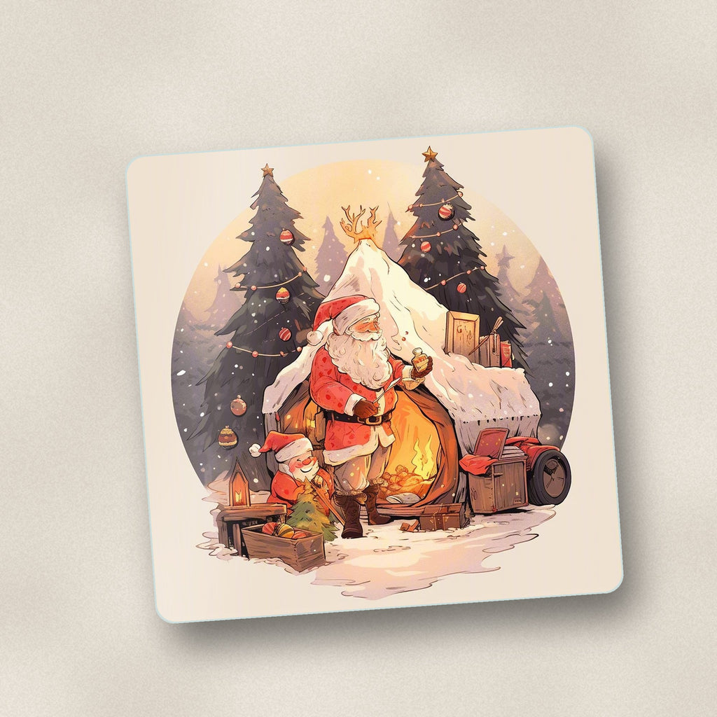 Close-up of one father christmas by the sleigh square glass coaster, flat UV print