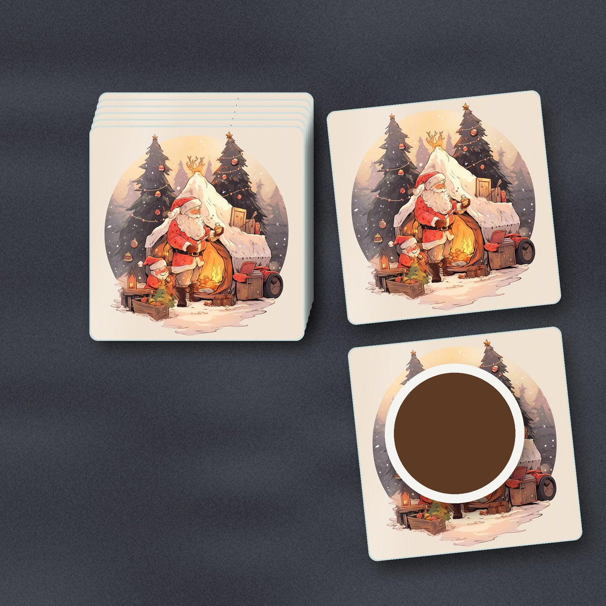 Father Christmas by the Sleigh square glass coasters stacked on a slate kitchen worktop