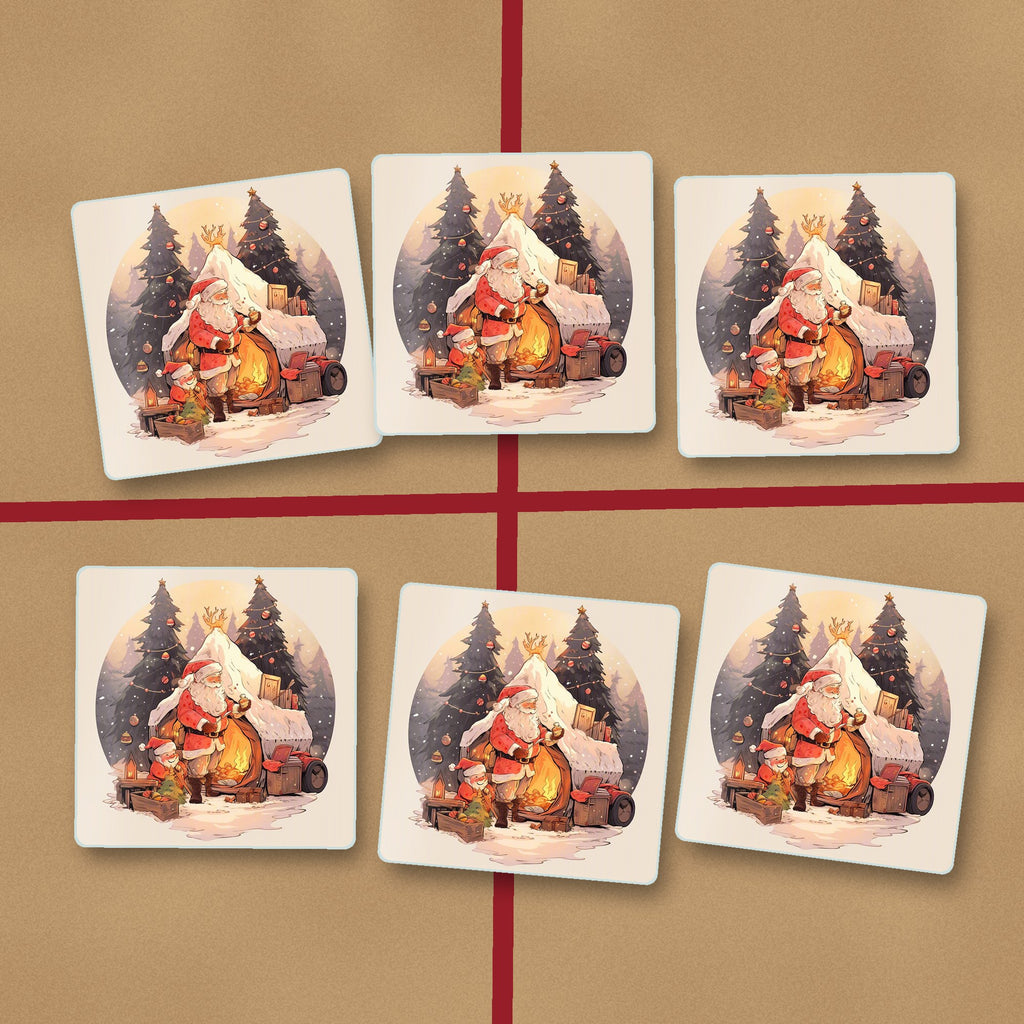 Father Christmas by the Sleigh square glass coasters on kraft gift wrap
