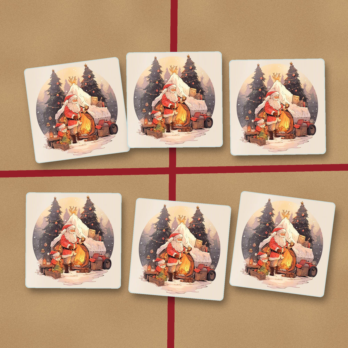 Father Christmas by the Sleigh square glass coasters on kraft gift wrap