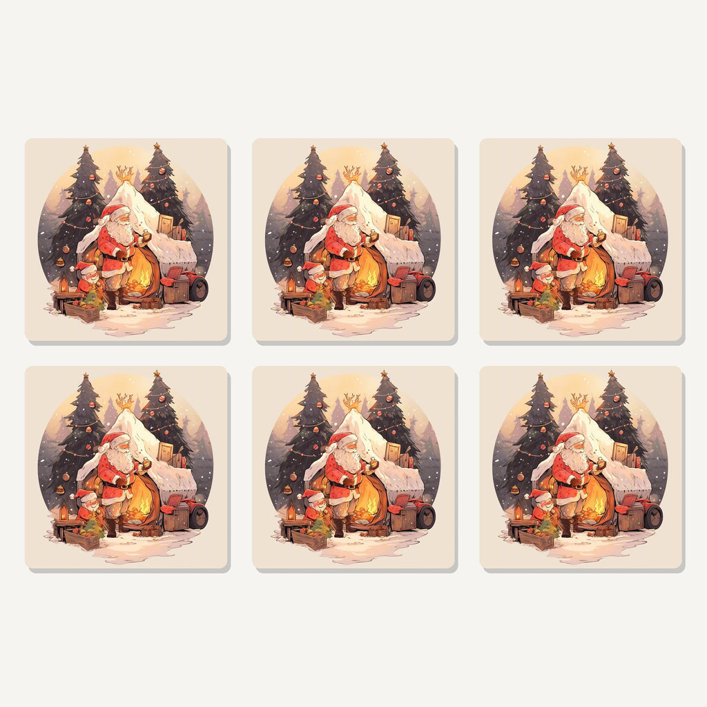 Flat lay of the father christmas by the sleigh artwork on six square coasters