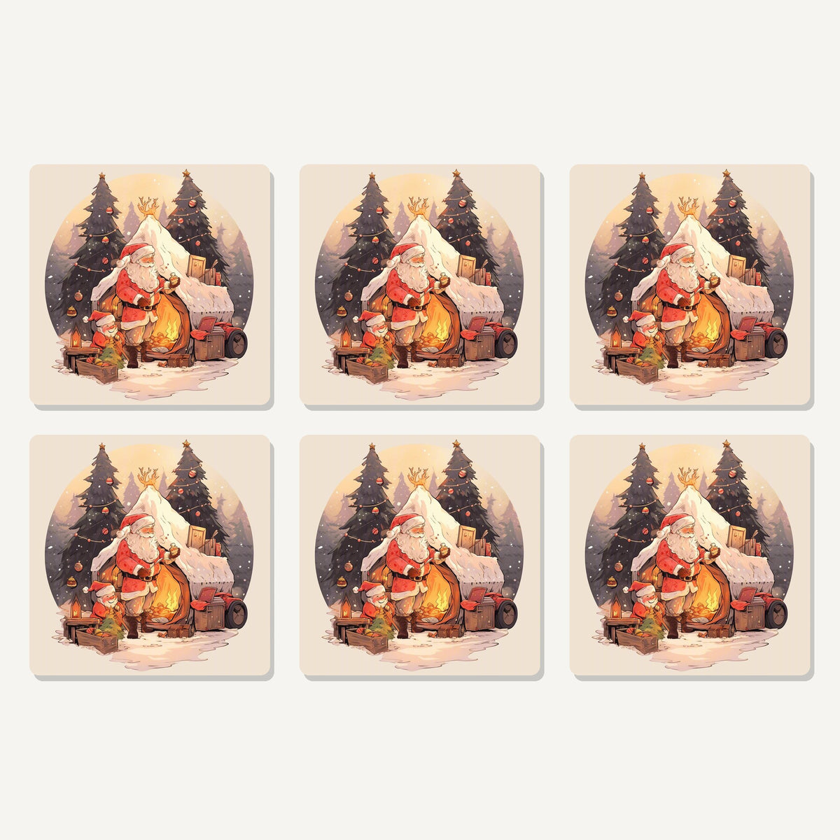 Flat lay of the father christmas by the sleigh artwork on six square coasters