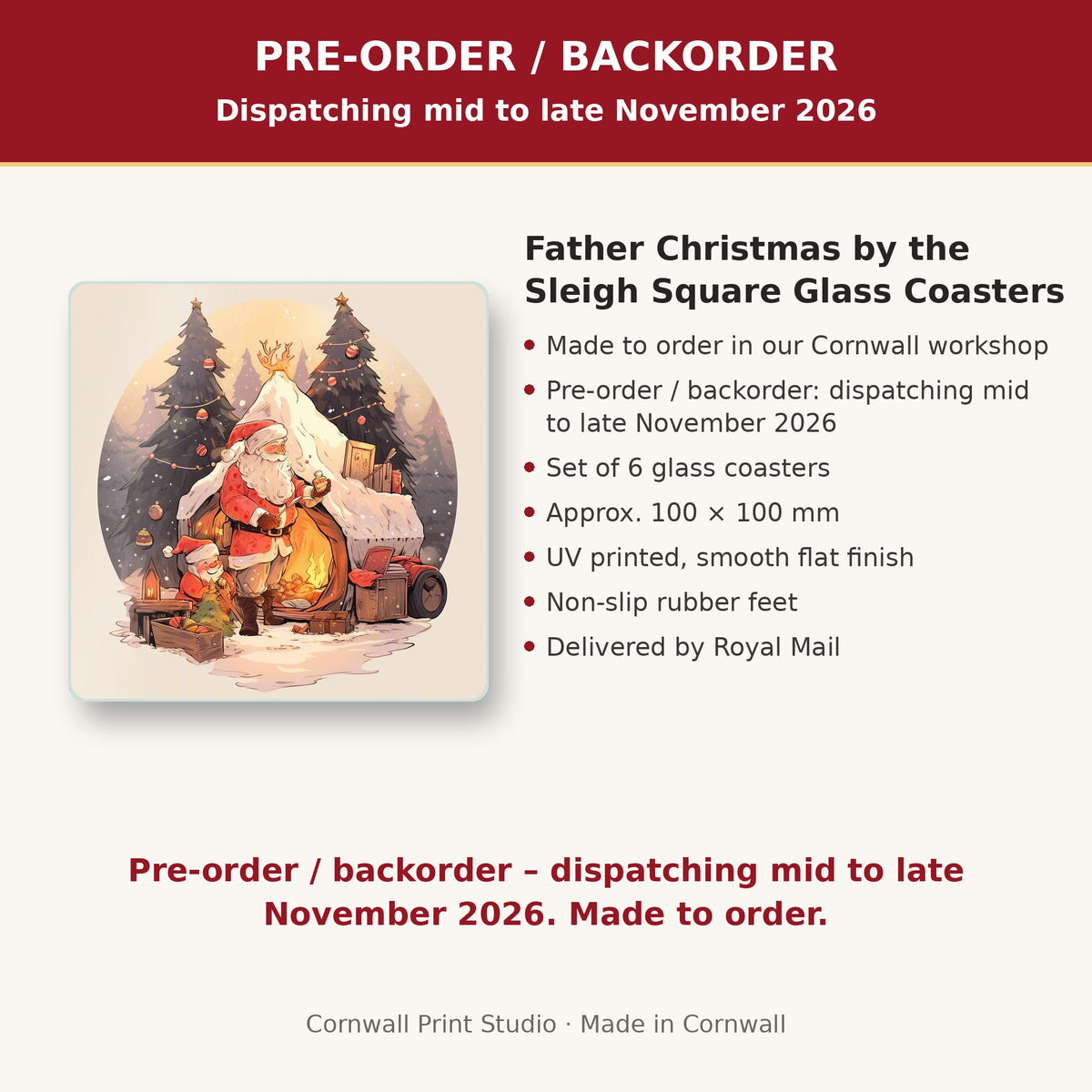 Info card: Father Christmas by the Sleigh Square Glass Coasters – Set of 6, made to order, dispatching mid to late November 2026, delivered by Royal Mail