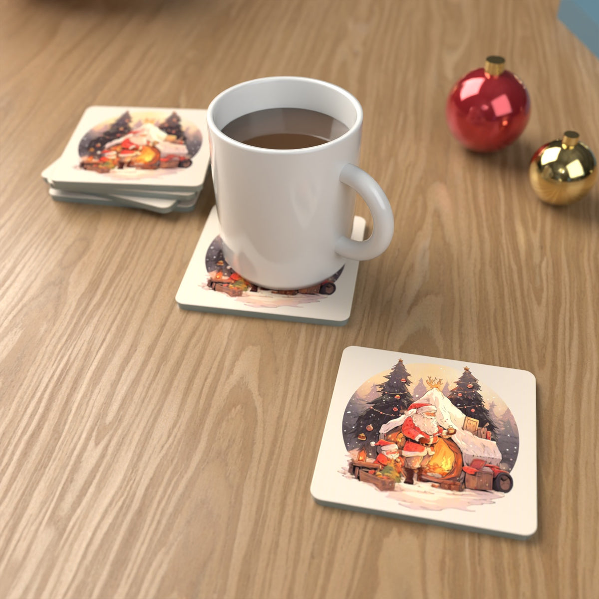 Father Christmas by the Sleigh Square Glass Coasters – Set of 6 – lifestyle mockup with a mug of coffee