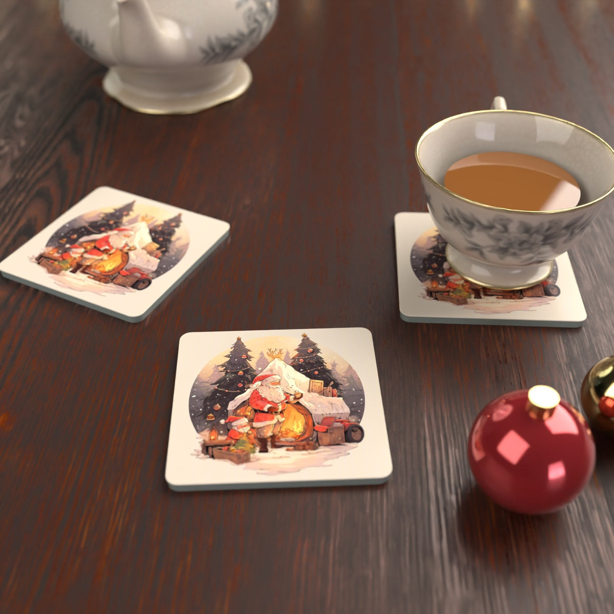 Father Christmas by the Sleigh Square Glass Coasters – Set of 6 – lifestyle mockup with a teacup