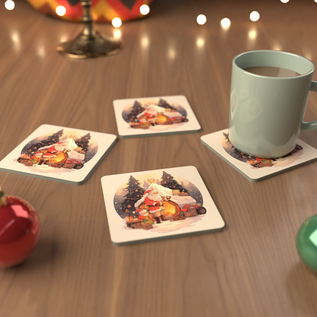 Father Christmas by the Sleigh Square Glass Coasters – Set of 6 – cosy lifestyle mockup