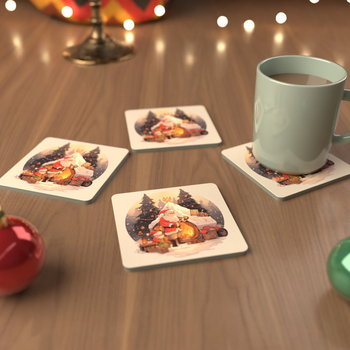 Father Christmas by the Sleigh Square Glass Coasters – Set of 6 – cosy lifestyle mockup