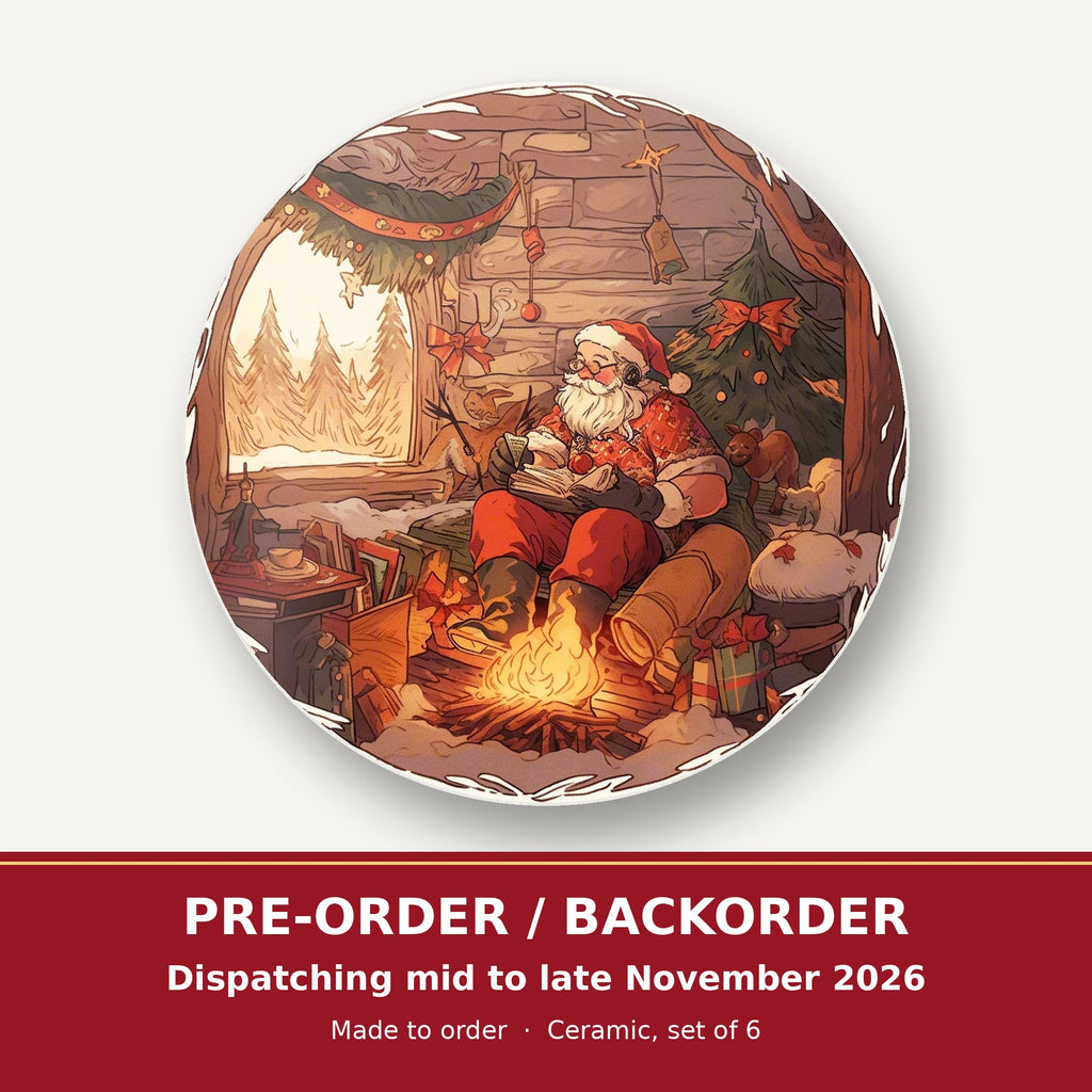 Father Christmas Cabin Fireside round ceramic coaster set of 6 – pre-order / backorder, dispatching mid to late November 2026