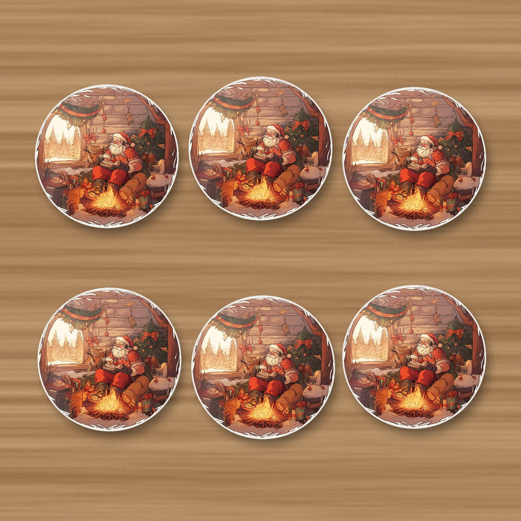 Father Christmas Cabin Fireside round ceramic coasters, set of 6, on an oak coffee table