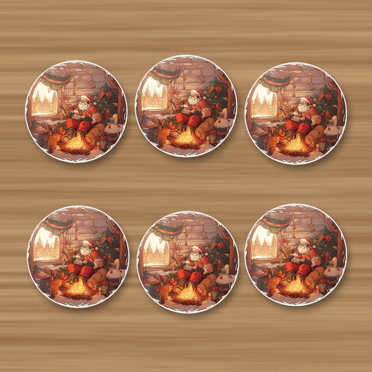 Father Christmas Cabin Fireside round ceramic coasters, set of 6, on an oak coffee table