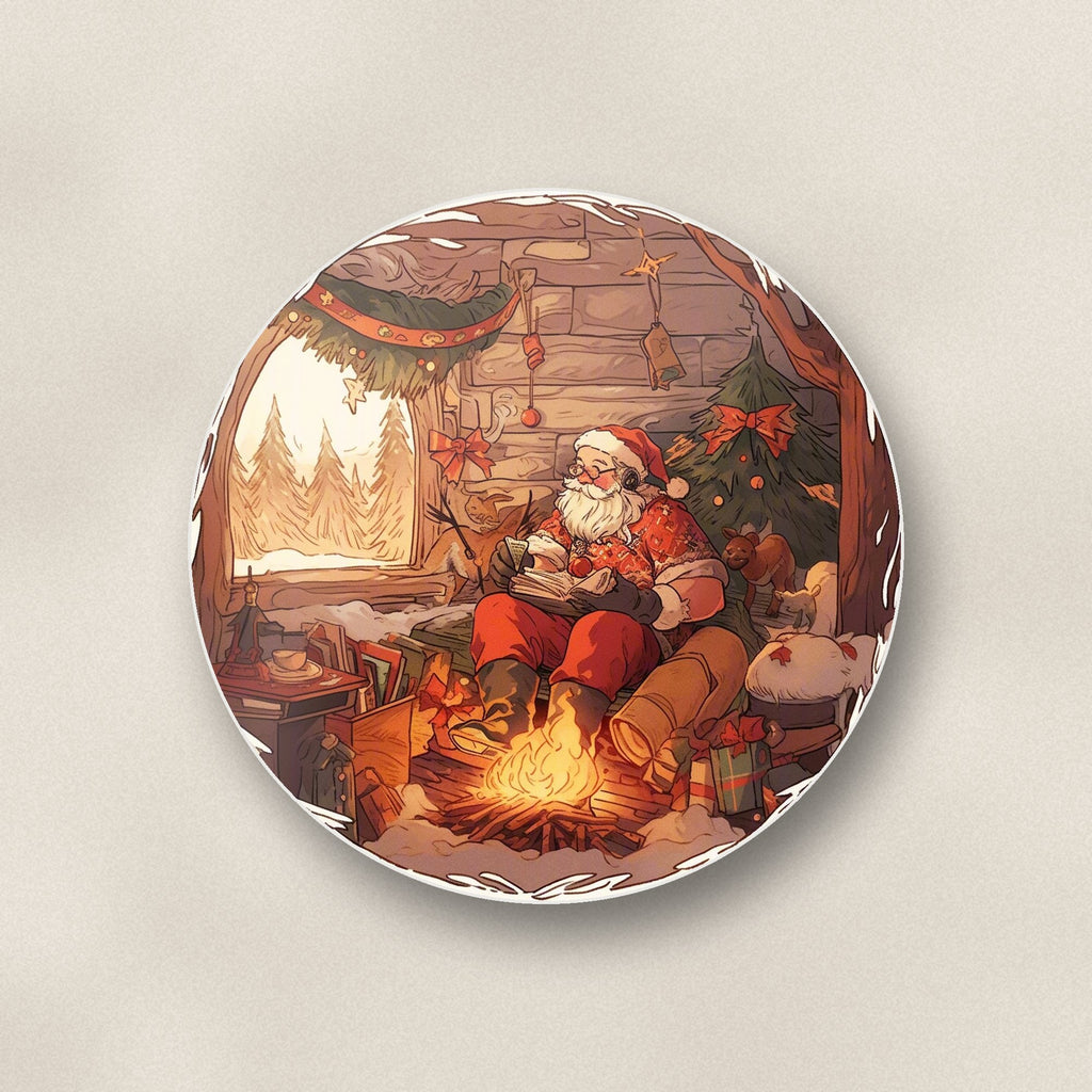 Close-up of one father christmas cabin fireside round ceramic coaster, flat UV print