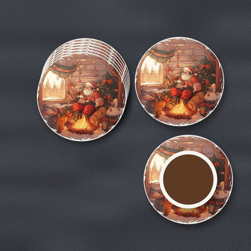 Father Christmas Cabin Fireside round ceramic coasters stacked on a slate kitchen worktop