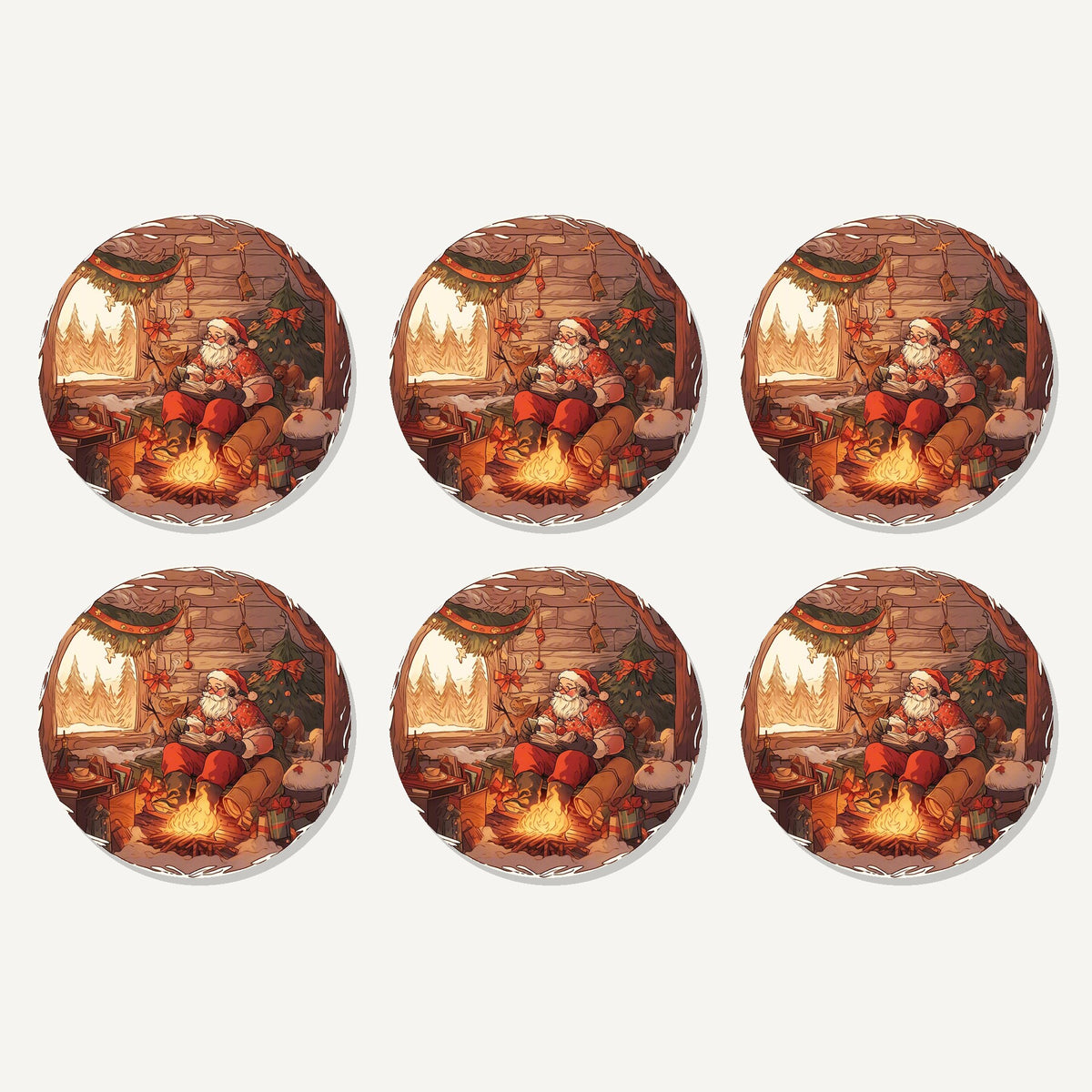Flat lay of the father christmas cabin fireside artwork on six round coasters