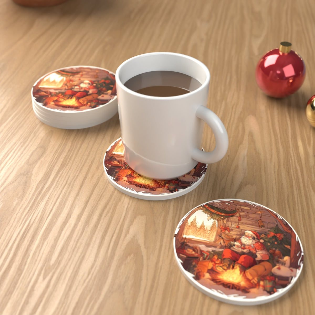 Father Christmas Cabin Fireside Round Ceramic Coasters – Set of 6 – lifestyle mockup with a mug of coffee
