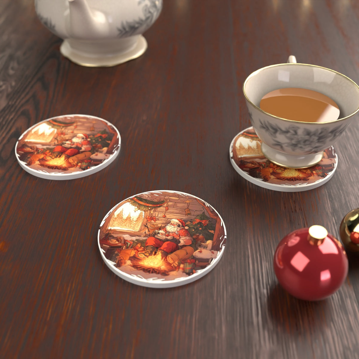 Father Christmas Cabin Fireside Round Ceramic Coasters – Set of 6 – lifestyle mockup with a teacup