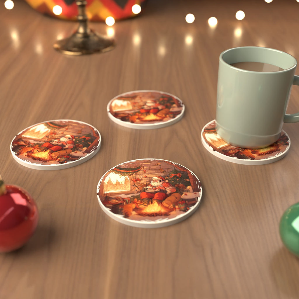 Father Christmas Cabin Fireside Round Ceramic Coasters – Set of 6 – cosy lifestyle mockup
