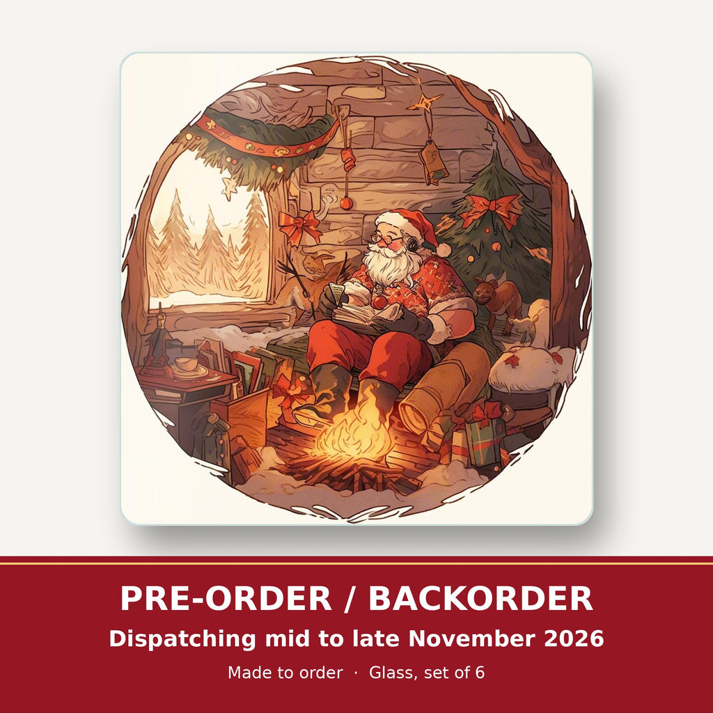 Father Christmas Cabin Fireside square glass coaster set of 6 – pre-order / backorder, dispatching mid to late November 2026