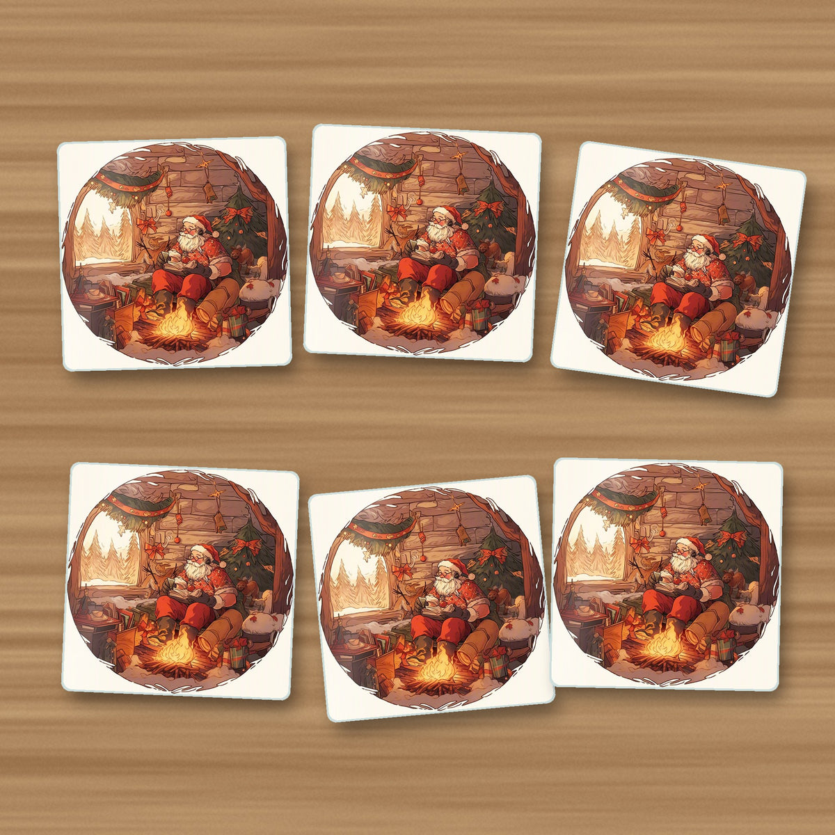 Father Christmas Cabin Fireside square glass coasters, set of 6, on an oak coffee table