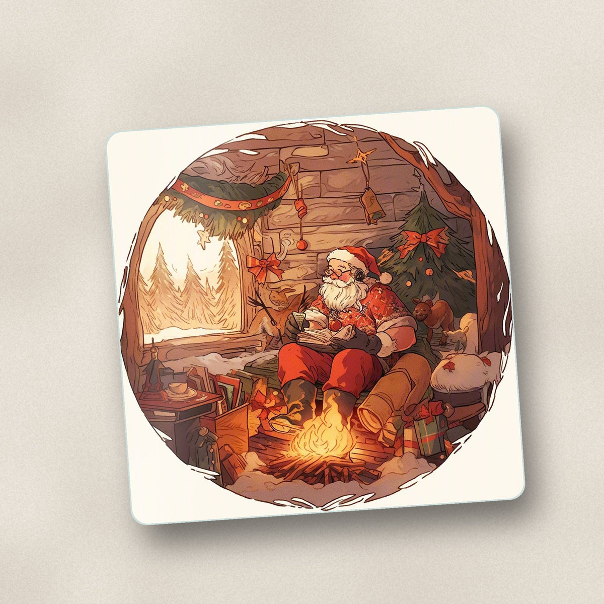 Close-up of one father christmas cabin fireside square glass coaster, flat UV print