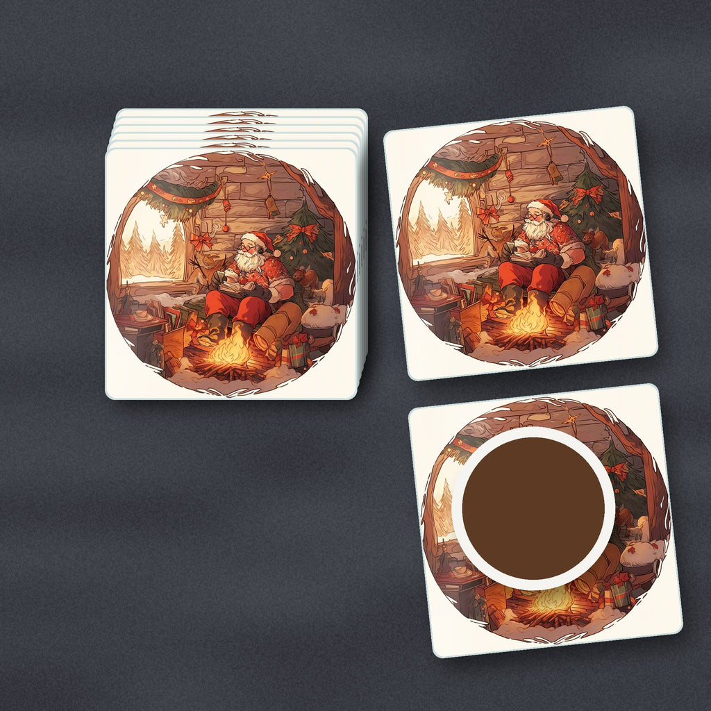 Father Christmas Cabin Fireside square glass coasters stacked on a slate kitchen worktop