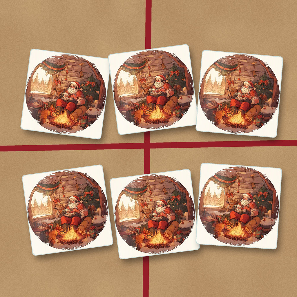 Father Christmas Cabin Fireside square glass coasters on kraft gift wrap