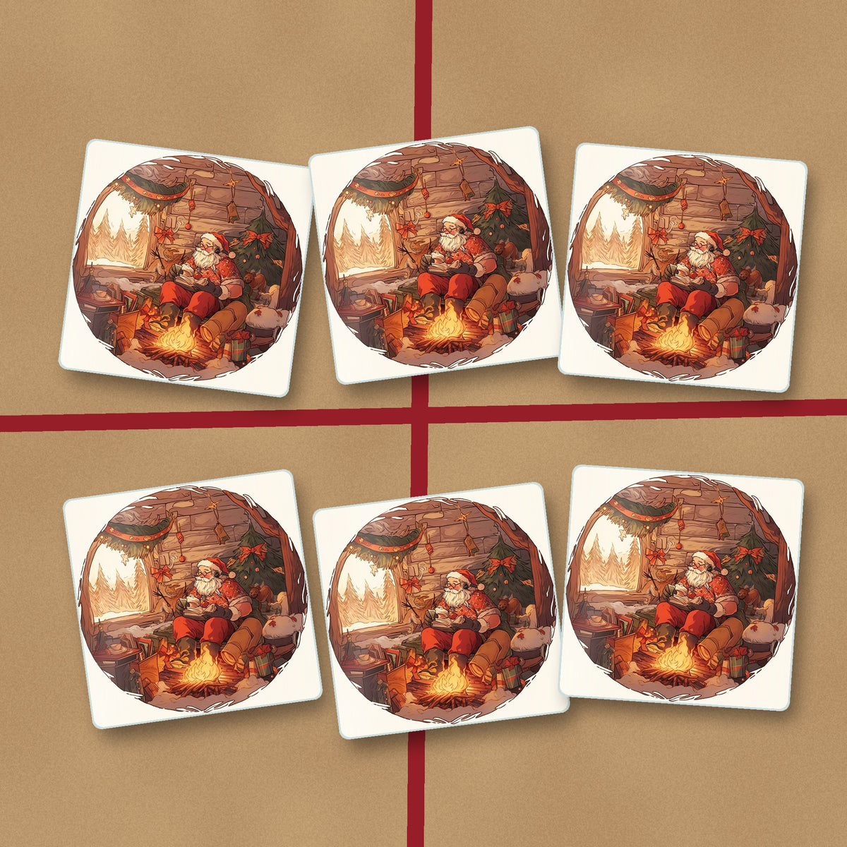Father Christmas Cabin Fireside square glass coasters on kraft gift wrap