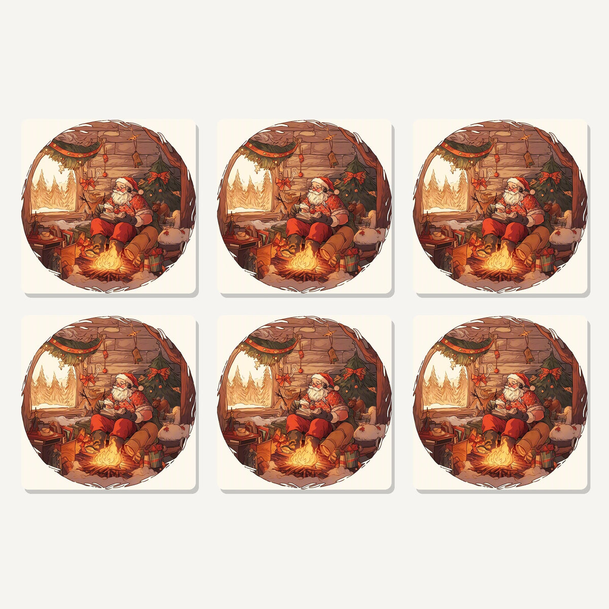 Flat lay of the father christmas cabin fireside artwork on six square coasters