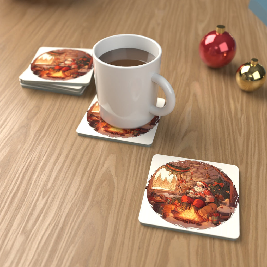 Father Christmas Cabin Fireside Square Glass Coasters – Set of 6 – lifestyle mockup with a mug of coffee