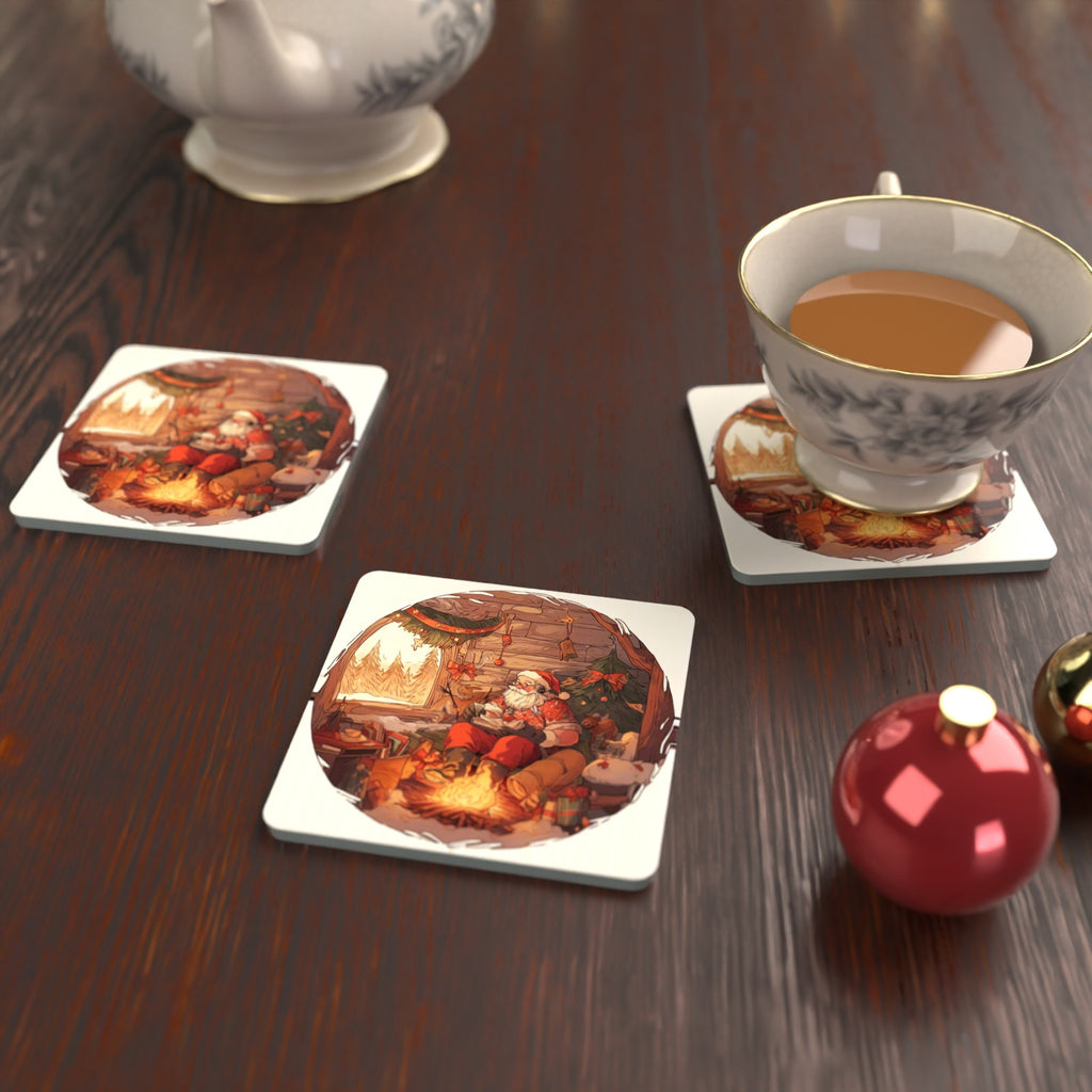Father Christmas Cabin Fireside Square Glass Coasters – Set of 6 – lifestyle mockup with a teacup