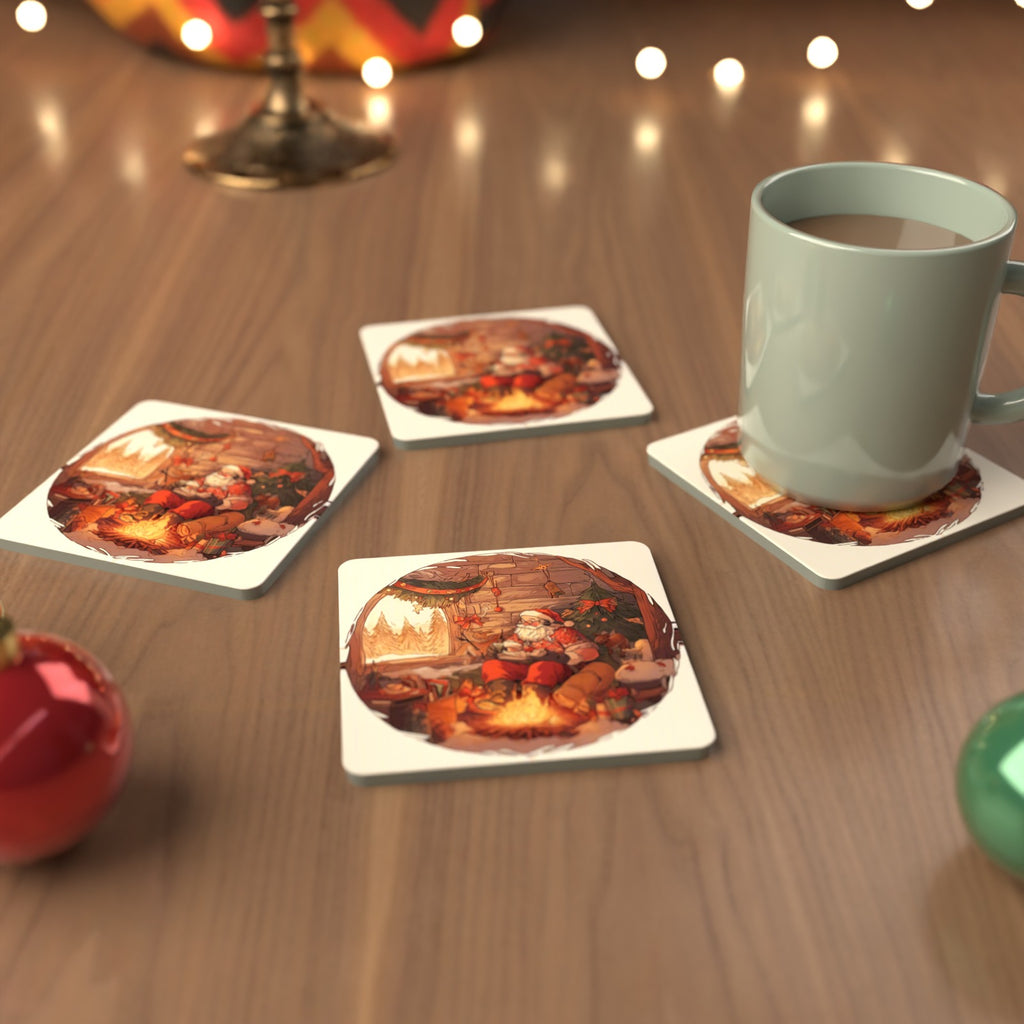 Father Christmas Cabin Fireside Square Glass Coasters – Set of 6 – cosy lifestyle mockup
