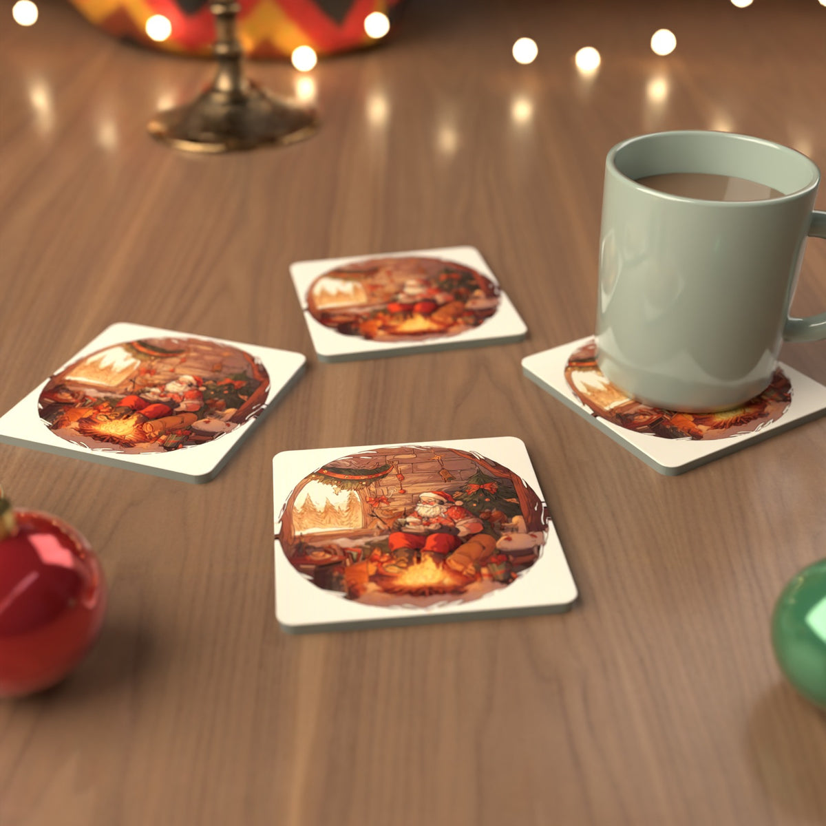 Father Christmas Cabin Fireside Square Glass Coasters – Set of 6 – cosy lifestyle mockup