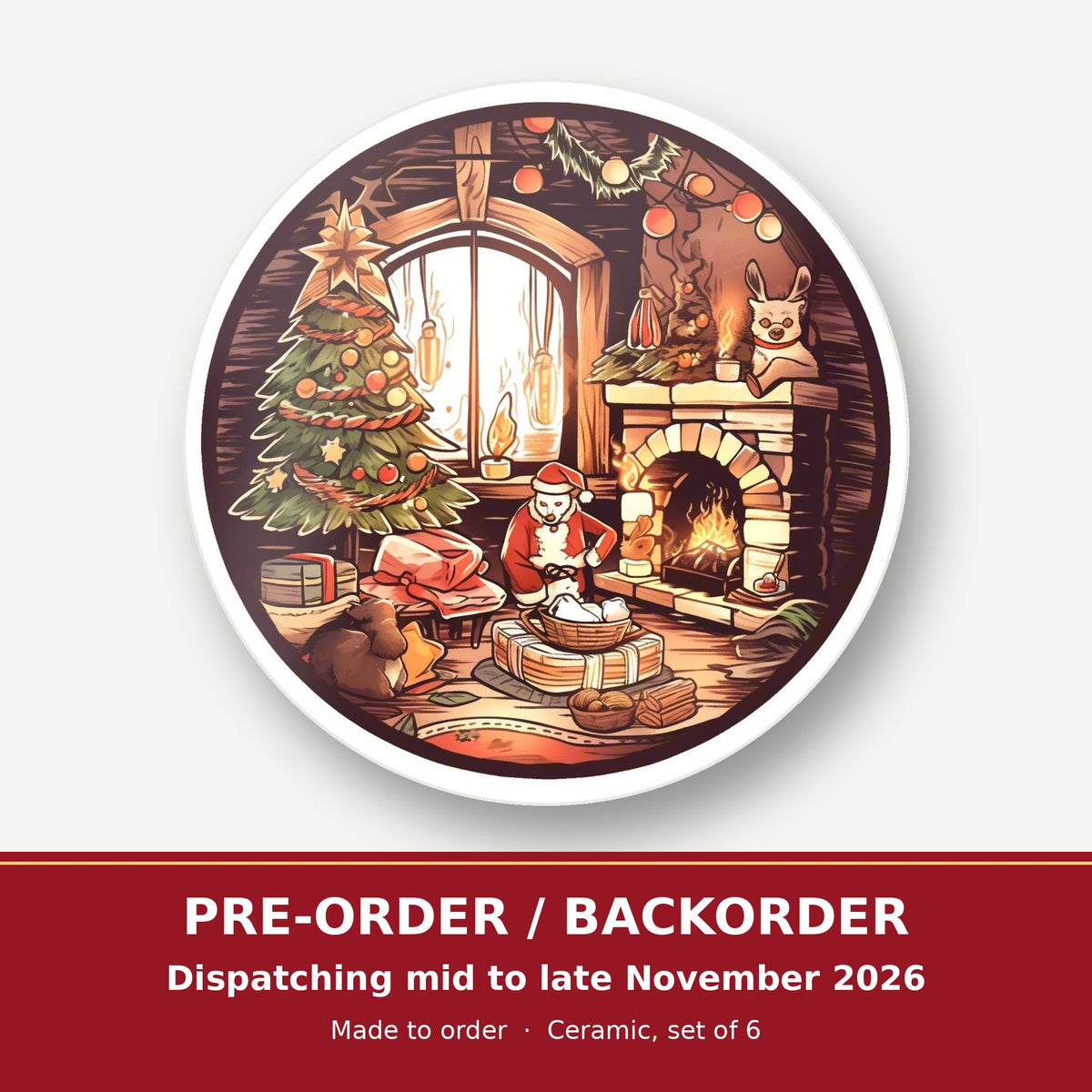 Christmas Cottage Fireside round ceramic coaster set of 6 – pre-order / backorder, dispatching mid to late November 2026