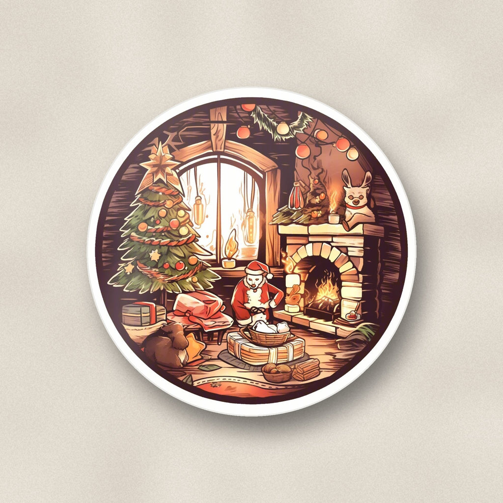 Close-up of one christmas cottage fireside round ceramic coaster, flat UV print