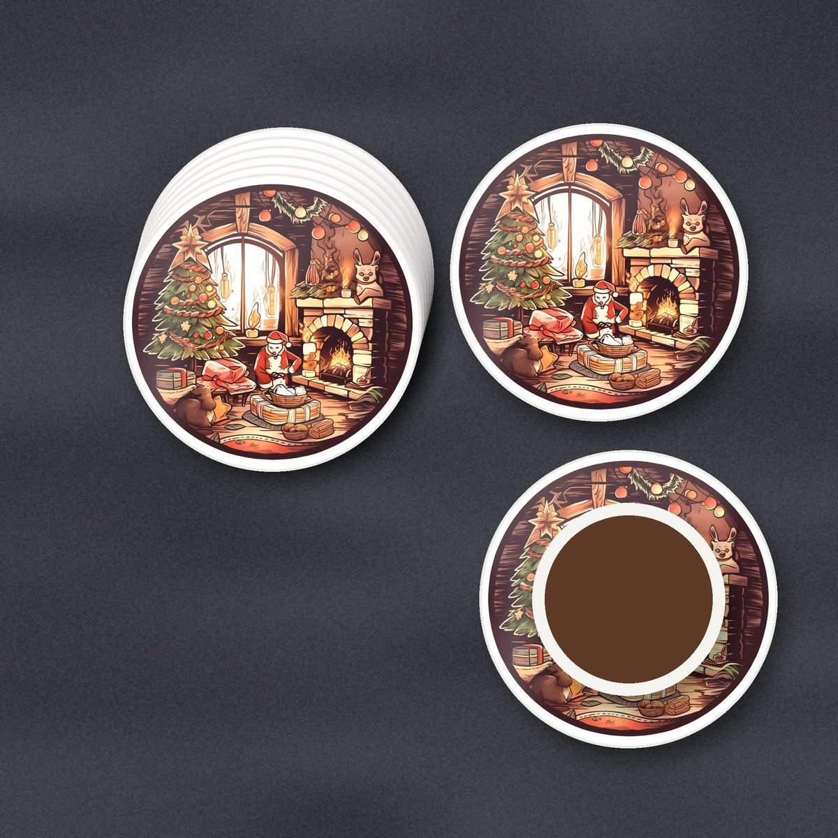 Christmas Cottage Fireside round ceramic coasters stacked on a slate kitchen worktop