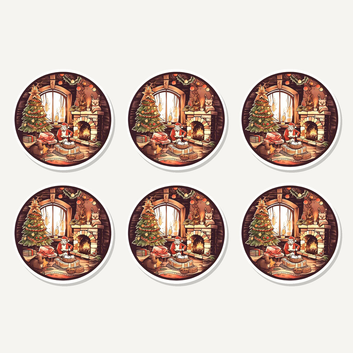 Flat lay of the christmas cottage fireside artwork on six round coasters