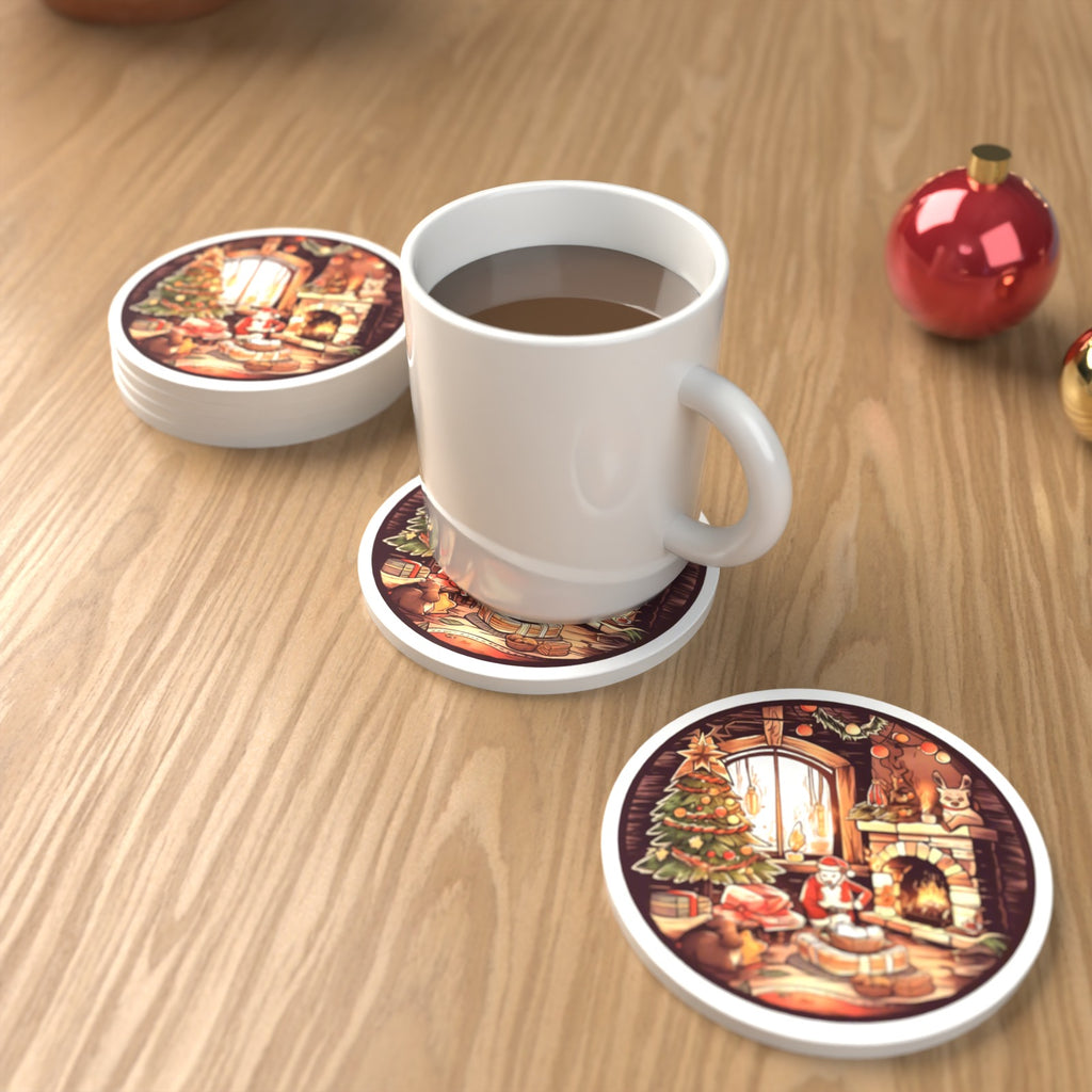 Christmas Cottage Fireside Round Ceramic Coasters – Set of 6 – lifestyle mockup with a mug of coffee