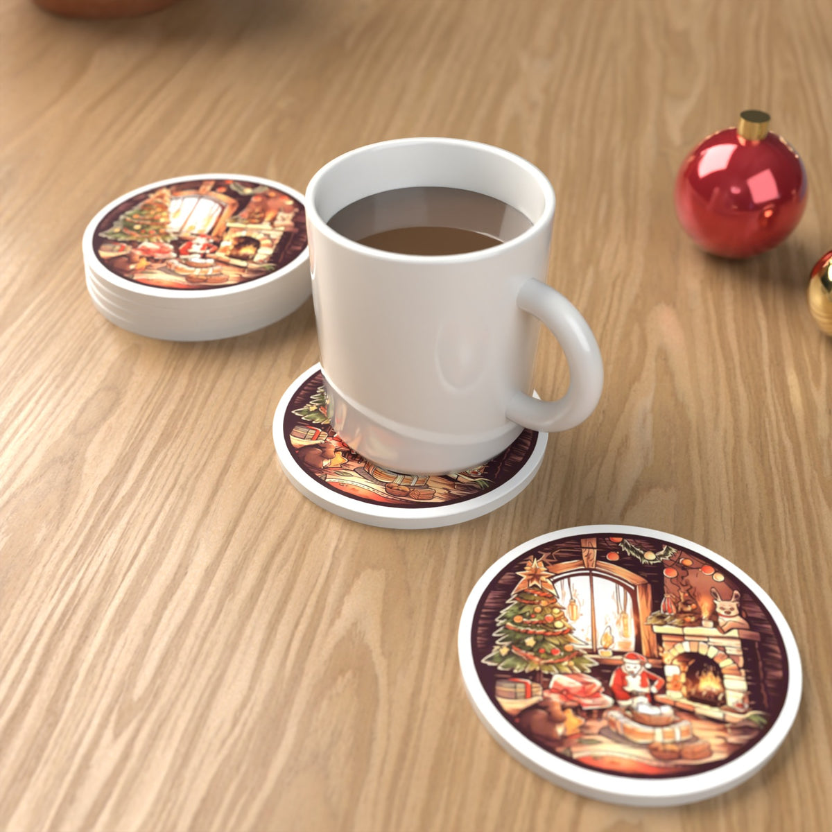 Christmas Cottage Fireside Round Ceramic Coasters – Set of 6 – lifestyle mockup with a mug of coffee