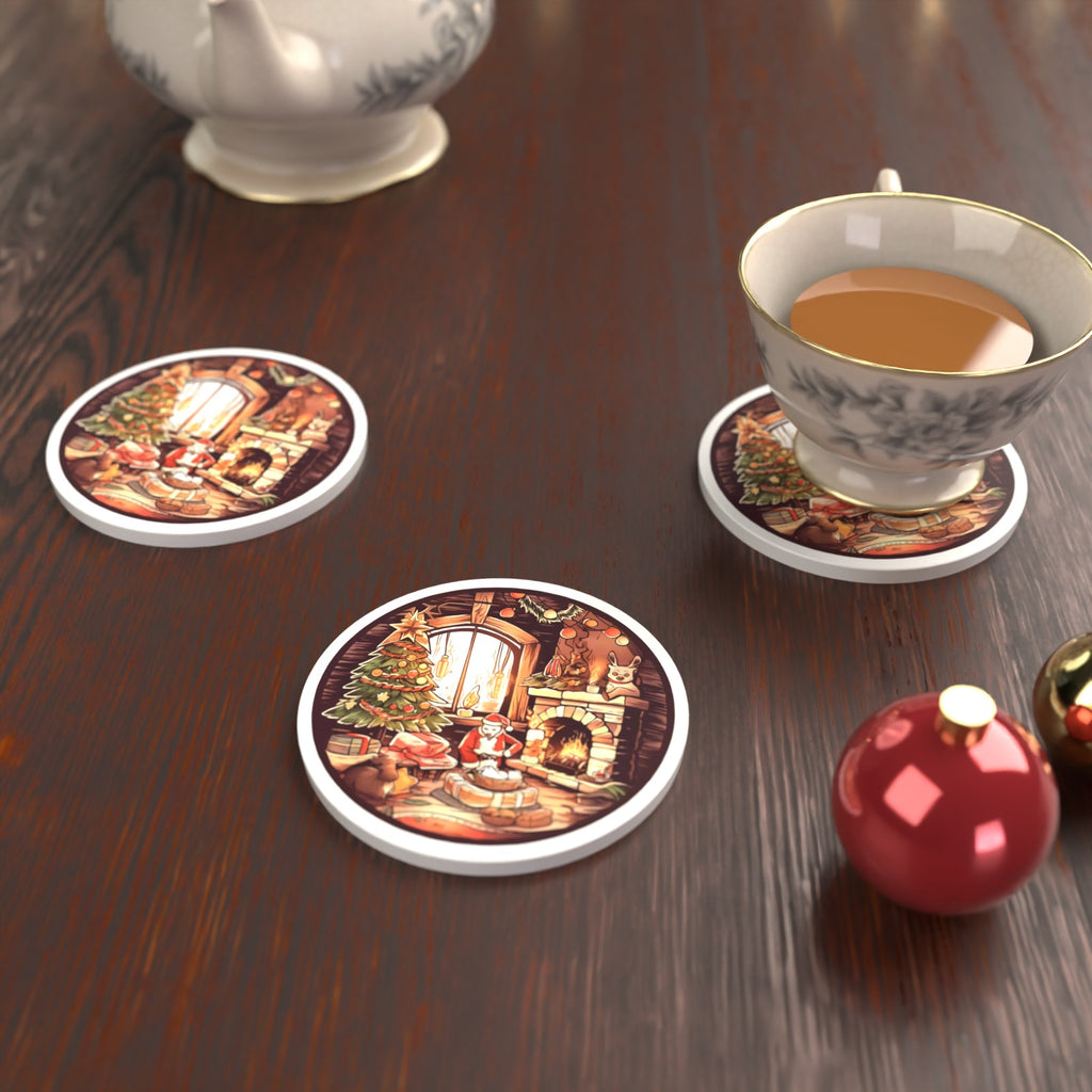 Christmas Cottage Fireside Round Ceramic Coasters – Set of 6 – lifestyle mockup with a teacup