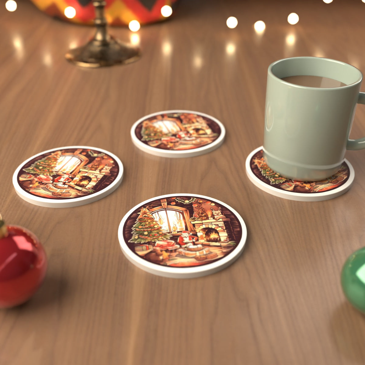 Christmas Cottage Fireside Round Ceramic Coasters – Set of 6 – cosy lifestyle mockup