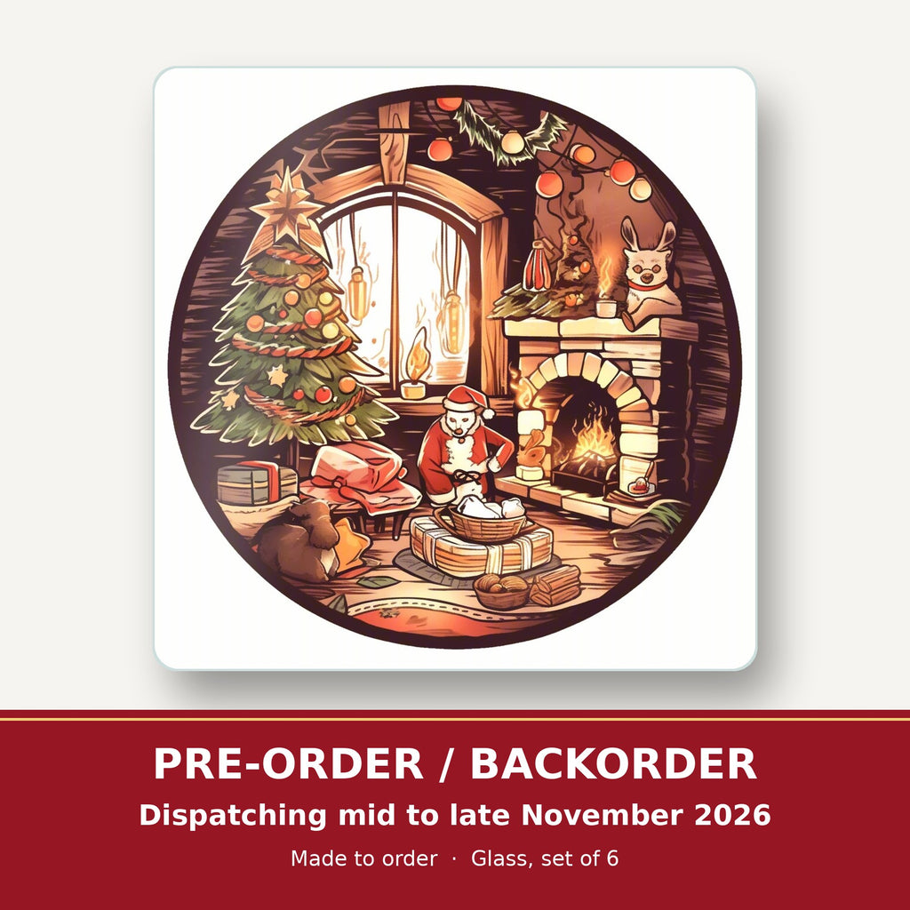 Christmas Cottage Fireside square glass coaster set of 6 – pre-order / backorder, dispatching mid to late November 2026