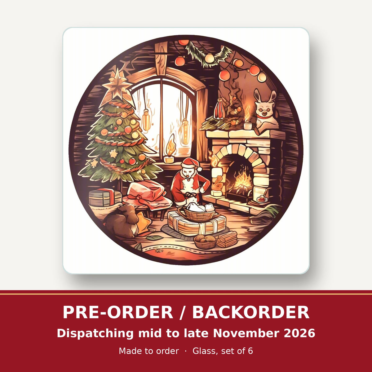 Christmas Cottage Fireside square glass coaster set of 6 – pre-order / backorder, dispatching mid to late November 2026