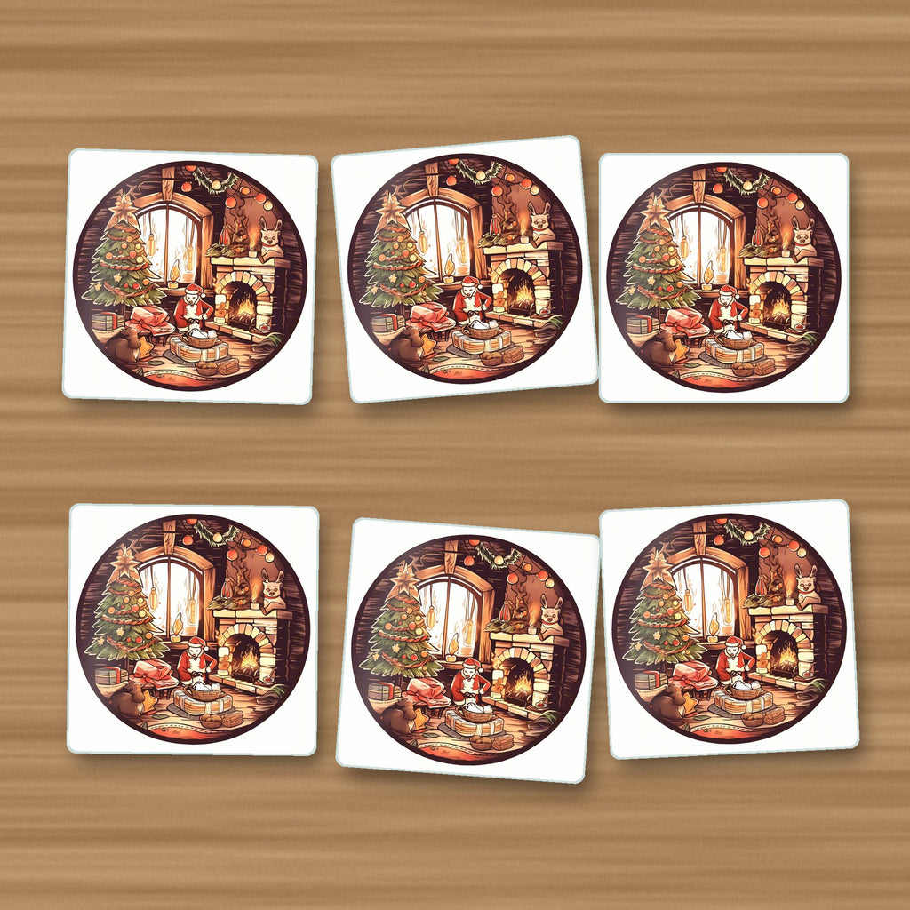 Christmas Cottage Fireside square glass coasters, set of 6, on an oak coffee table